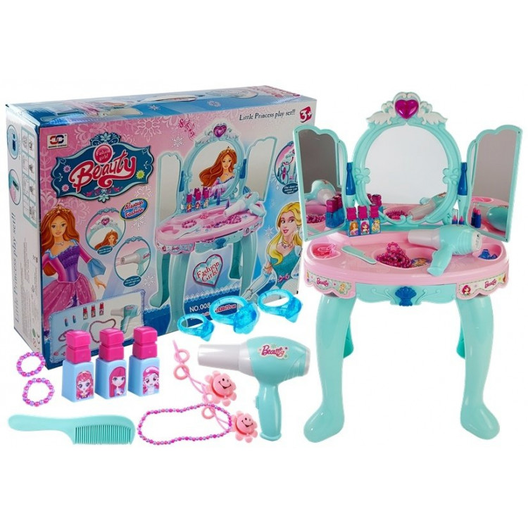 Toaletný stolík Beauty Set so zrkadlovým svetlom modro-ružový